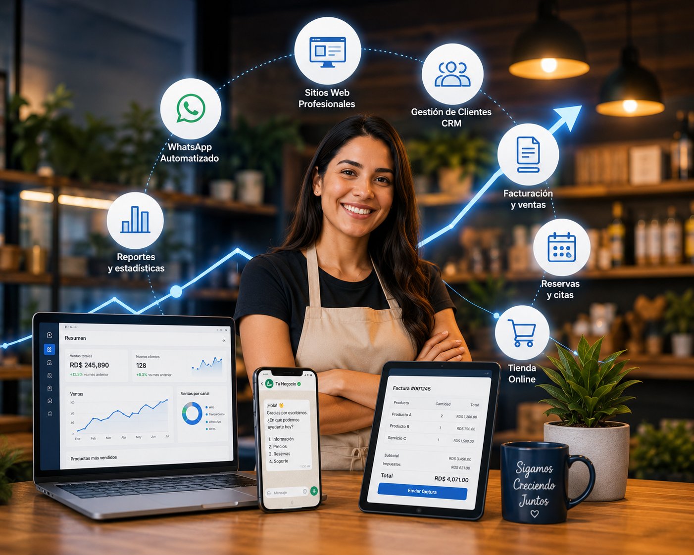 Dominican business owner using the digital tools of her business